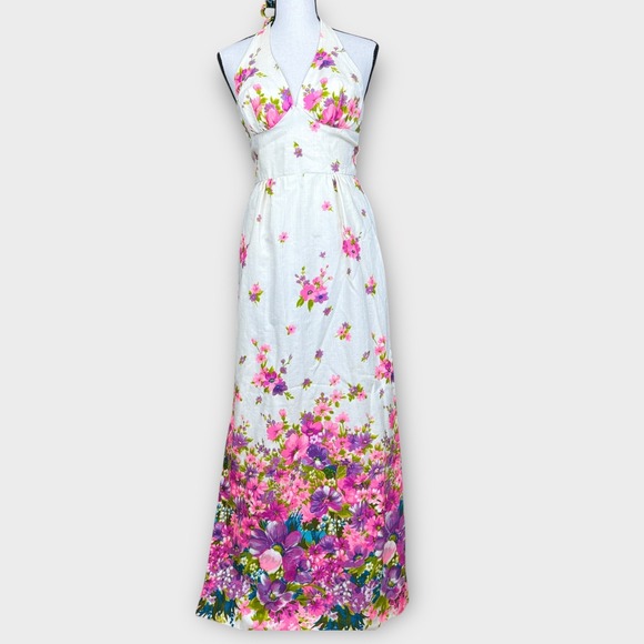 Vintage 60's Hawaiian Neon Pink Purple Floral Halter Barkcloth Maxi Dress Slit - Picture 1 of 14